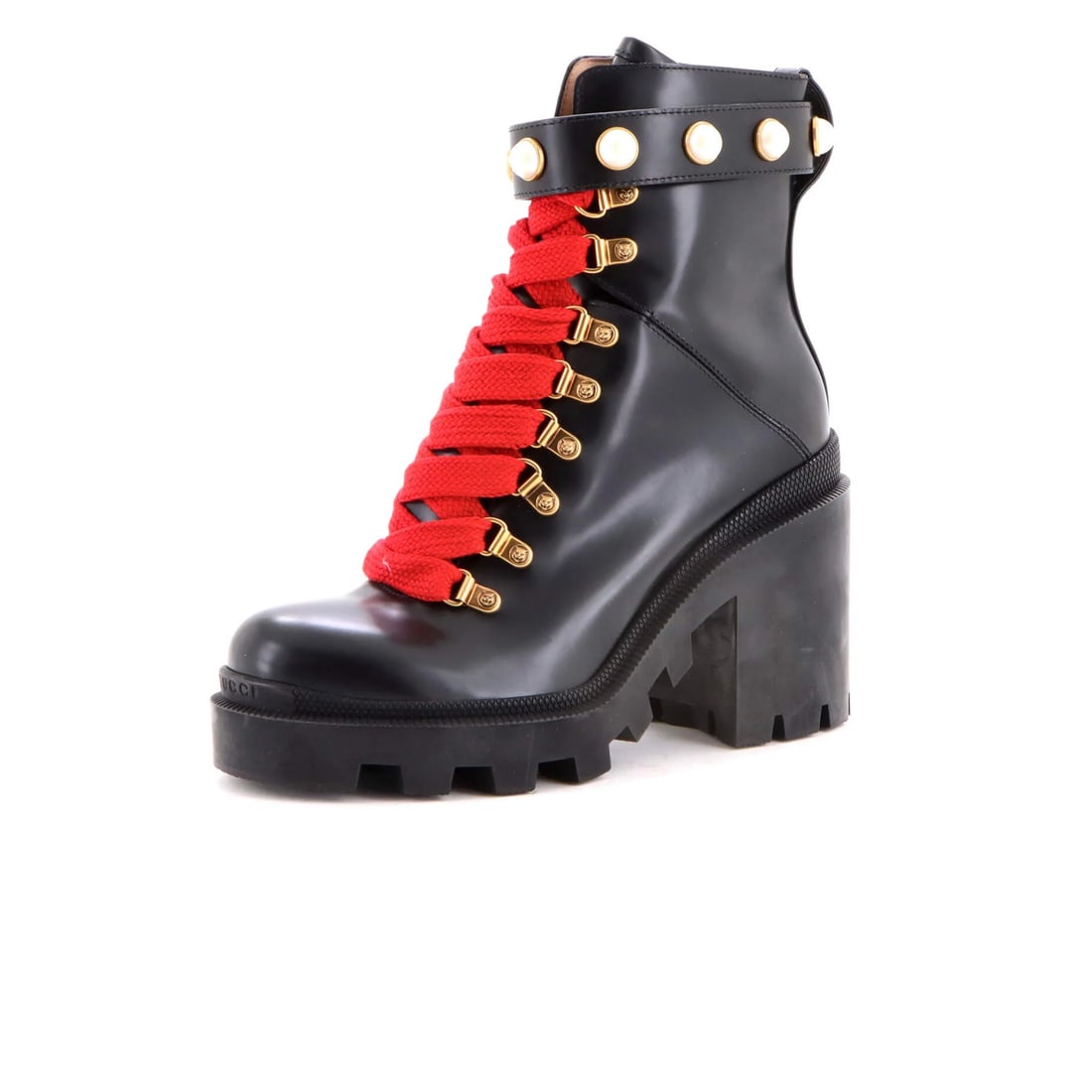 Gucci Women's Heeled Lace Up Combat Ankle Boots Leather with Faux Pearls (1 of 6)