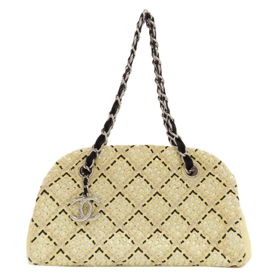 Chanel Mademoiselle Bowling Bag Silverhardware Shoulder Bag Enamel: Chanel Mademoiselle Bowling Bag Silverhardware Shoulder Bag Enamel This Chanel Mademoiselle Bowling Bag features silver hardware and an enamel exterior in white. The bag's striking design makes it a
