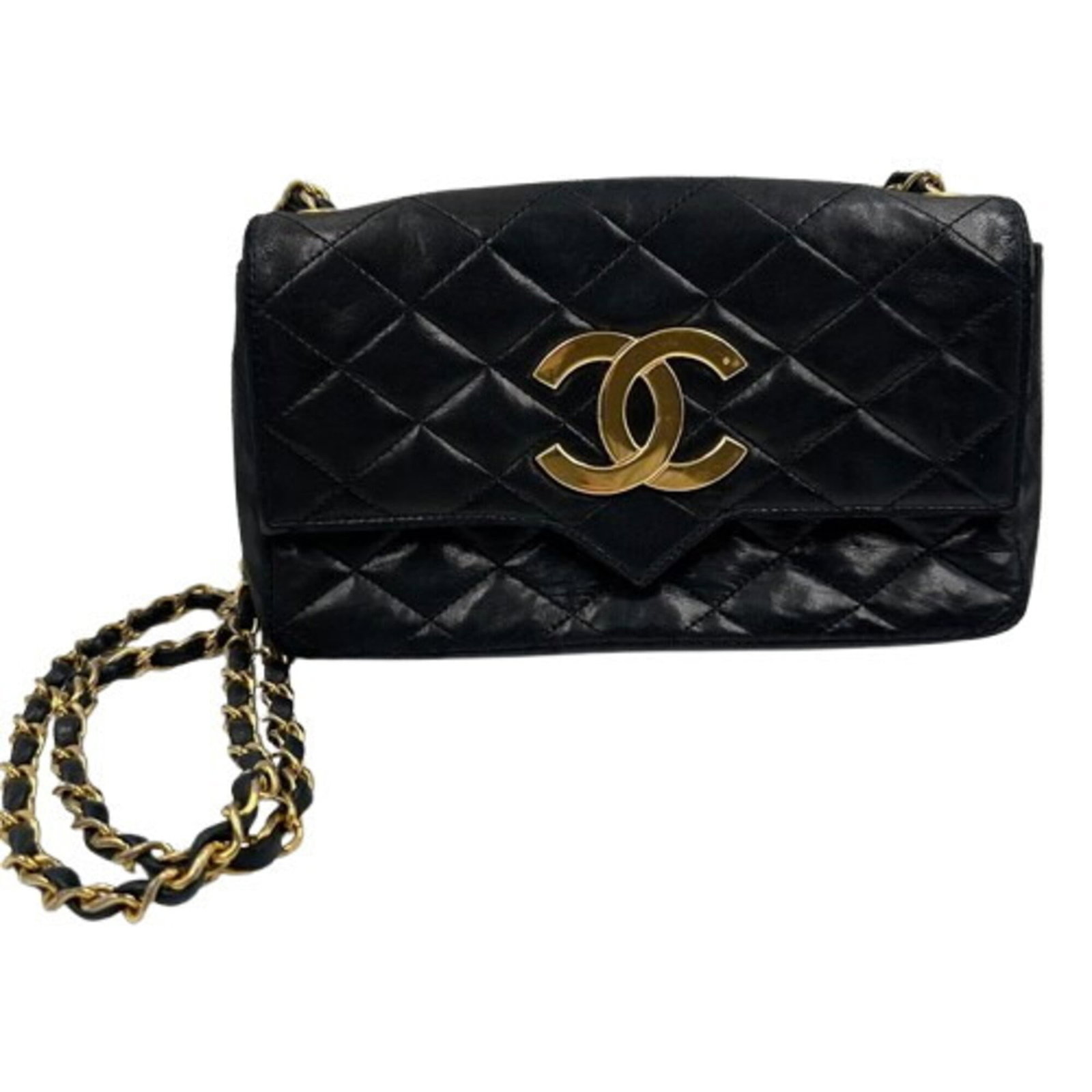 Shoulder Bag Leather: Shoulder Bag Leather Black lambskin shoulder bag with a classic design, featuring a timeless silhouette and subtle scratches from previous use. The leather has developed a patina over time, adding to