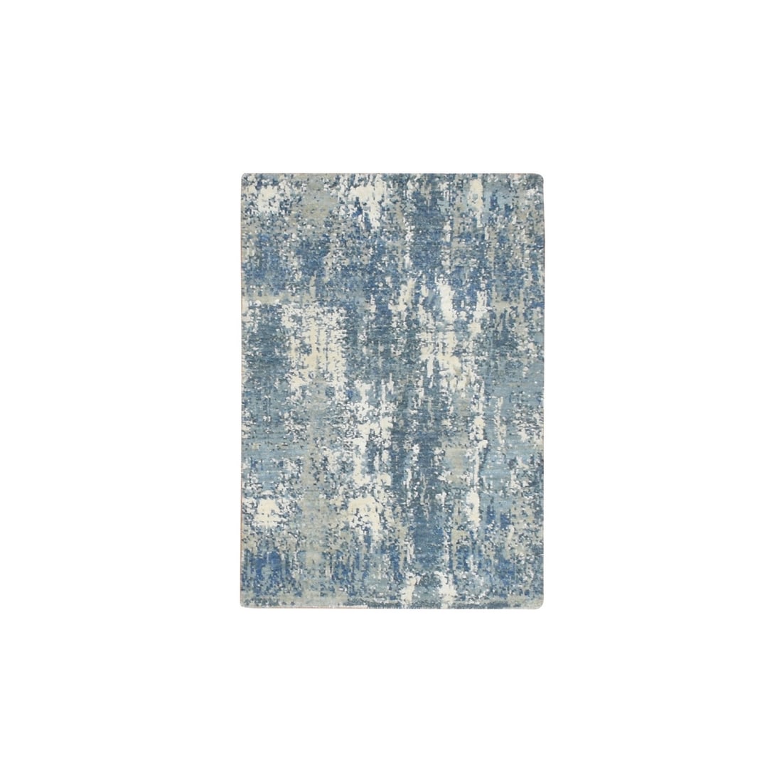 2'1"x3' Blue Abstract Design Pure Silk and Wool Hand Knotted Mat Rug: 2'1"x3' Blue Abstract Design Pure Silk and Wool Hand Knotted Mat Rug Blue Abstract Design Pure Silk and Wool Hand Knotted Mat Rug features an intricate, hand-knotted design in blue silk and wool on a
