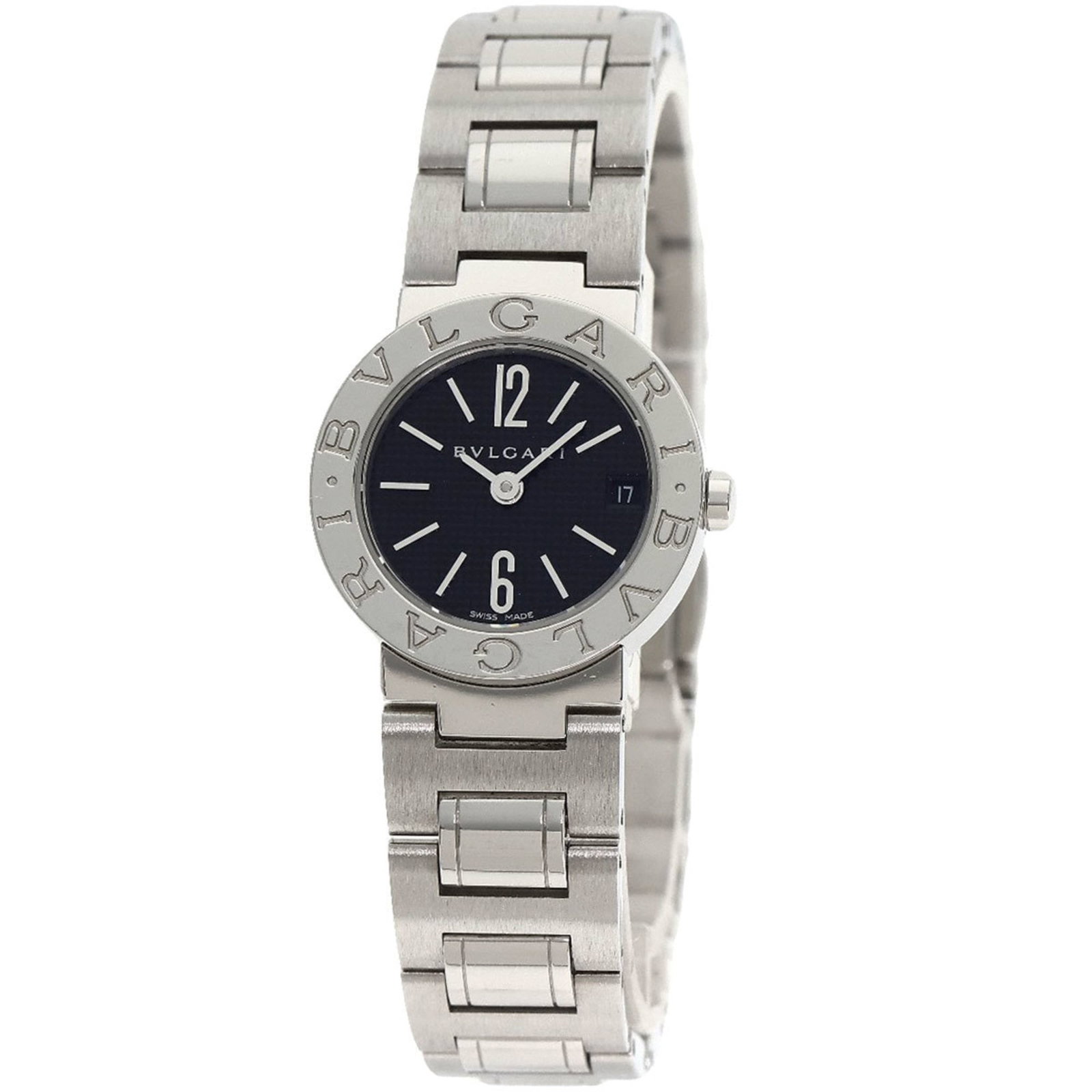 Bvlgari Wristwatch: Bvlgari Wristwatch Stainless steel case and band add a sleek touch to this Bvlgari wristwatch, featuring a black dial and measuring 23mm in diameter. With its 6.1mm thickness and 15.5cm length, it's