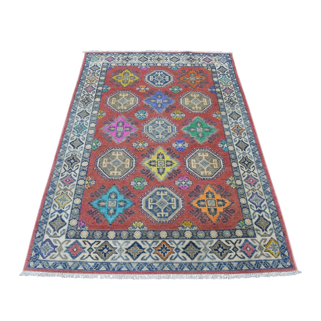 3'9"x5'7" Colorful Coral Fusion Kazak Pure Wool Hand Knotted Oriental Rug: 3'9"x5'7" Colorful Coral Fusion Kazak Pure Wool Hand Knotted Oriental Rug Colorful Coral Fusion Kazak Pure Wool Hand Knotted Oriental Rug boasts a vibrant pink field with intricate regional design,