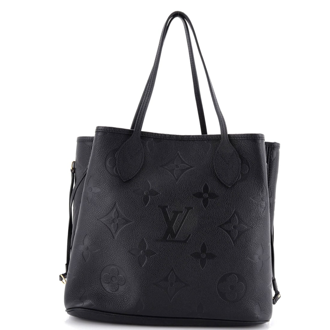 Neverfull Tote Monogram Empreinte Giant Louis Vuitton: Neverfull Tote Monogram Empreinte Giant Louis Vuitton Black Neverfull Tote Monogram Empreinte Giant MM Louis Vuitton in Good Condition. This classic tote features a black exterior with minor creases,