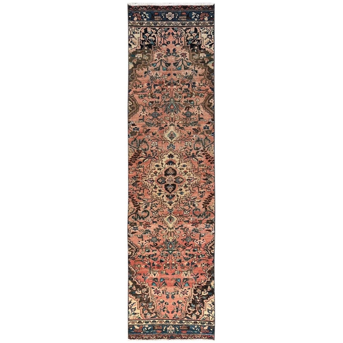 2'6"x10'3" Peach Vintage Zoroastrian Flower Design Wool Hand Knotted Runner: 2'6"x10'3" Peach Vintage Zoroastrian Flower Design Wool Hand Knotted Runner This stunning vintage Zoroastrian flower design wool hand knotted runner boasts an all-over regional pattern in soft pink hu