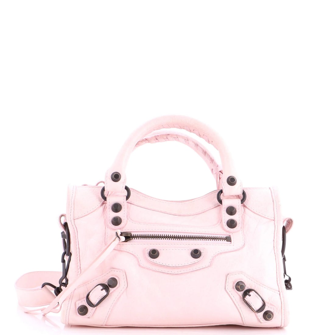 City Bag Leather Mini by Balenciaga: City Bag Leather Mini by Balenciaga The Balenciaga City Bag Leather Mini boasts a chic pink exterior with sleek leather details, adding a pop of color to any outfit. Measuring 7.5" tall and 9.5" wide,