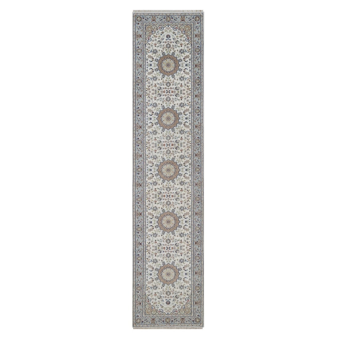 2'9"x12'4" Ivory Nain with Medallions Design Hand Knotted Wool & Silk Runner (1 of 8)