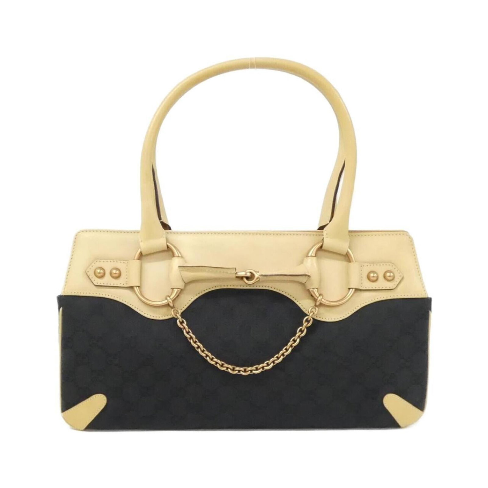 Canvas Leather Gg Handbag Gucci: Canvas Leather Gg Handbag Gucci Canvas Leather Gucci Handbag in Beige and Black. This used handbag features Gg Canvas and leather material, with a signature and some scratches/dirt visible. In very