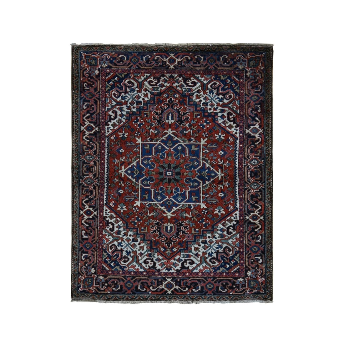 4'9"x5'10" Chili Red Antique Zoroastrian Heris Hand Knotted Pure Wool Rug: 4'9"x5'10" Chili Red Antique Zoroastrian Heris Hand Knotted Pure Wool Rug This stunning 4'9"x5'10" Chili Red Antique Zoroastrian Heris Hand Knotted Pure Wool Rug boasts a vibrant red color and unique