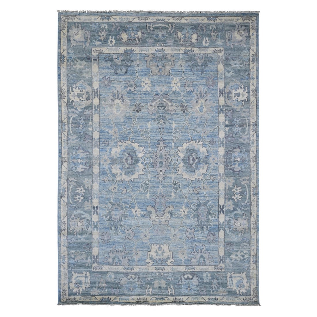 6'x9' Ruddy Blue Afghan Angora Oushak Leaf Design Hand Knotted Wool Rug (1 of 6)