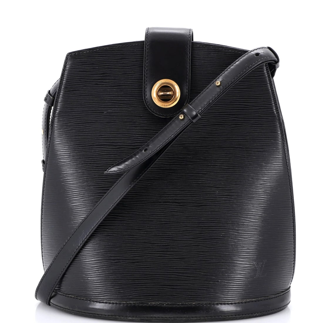 Epi Leather Shoulder Bag by Louis Vuitton: Epi Leather Shoulder Bag by Louis Vuitton Black Epi Leather Cluny Shoulder Bag by Louis Vuitton, featuring heavy scuffs throughout and edge wear. This bag boasts a classic design with gold hardware