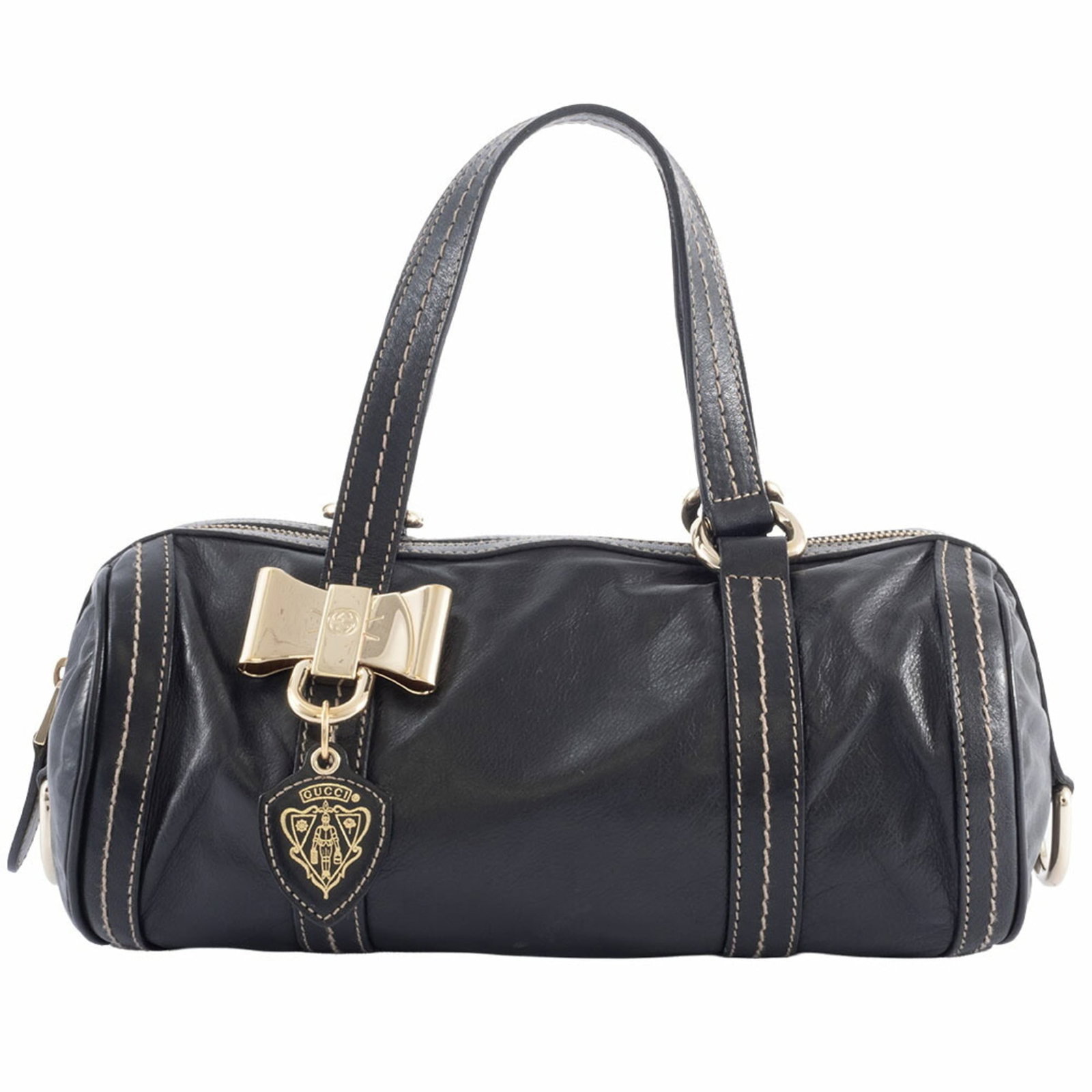 Boston Bag Leather Gucci: Boston Bag Leather Gucci Black leather Boston bag from Gucci, featuring a classic design with a zipper closure and measuring 12cm x 26cm x 13cm. The bag shows signs of usage, including scratches and d