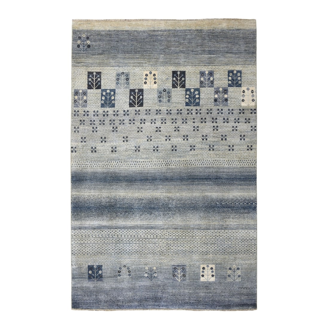 5'10"x8'6" Blue Kashkuli Gabbeh Pictorial Pure Wool Handmade Oriental Rug: 5'10"x8'6" Blue Kashkuli Gabbeh Pictorial Pure Wool Handmade Oriental Rug This stunning Blue Kashkuli Gabbeh Pictorial Pure Wool Handmade Oriental Rug measures 5'10" x 8'6" and boasts a rich blue colo