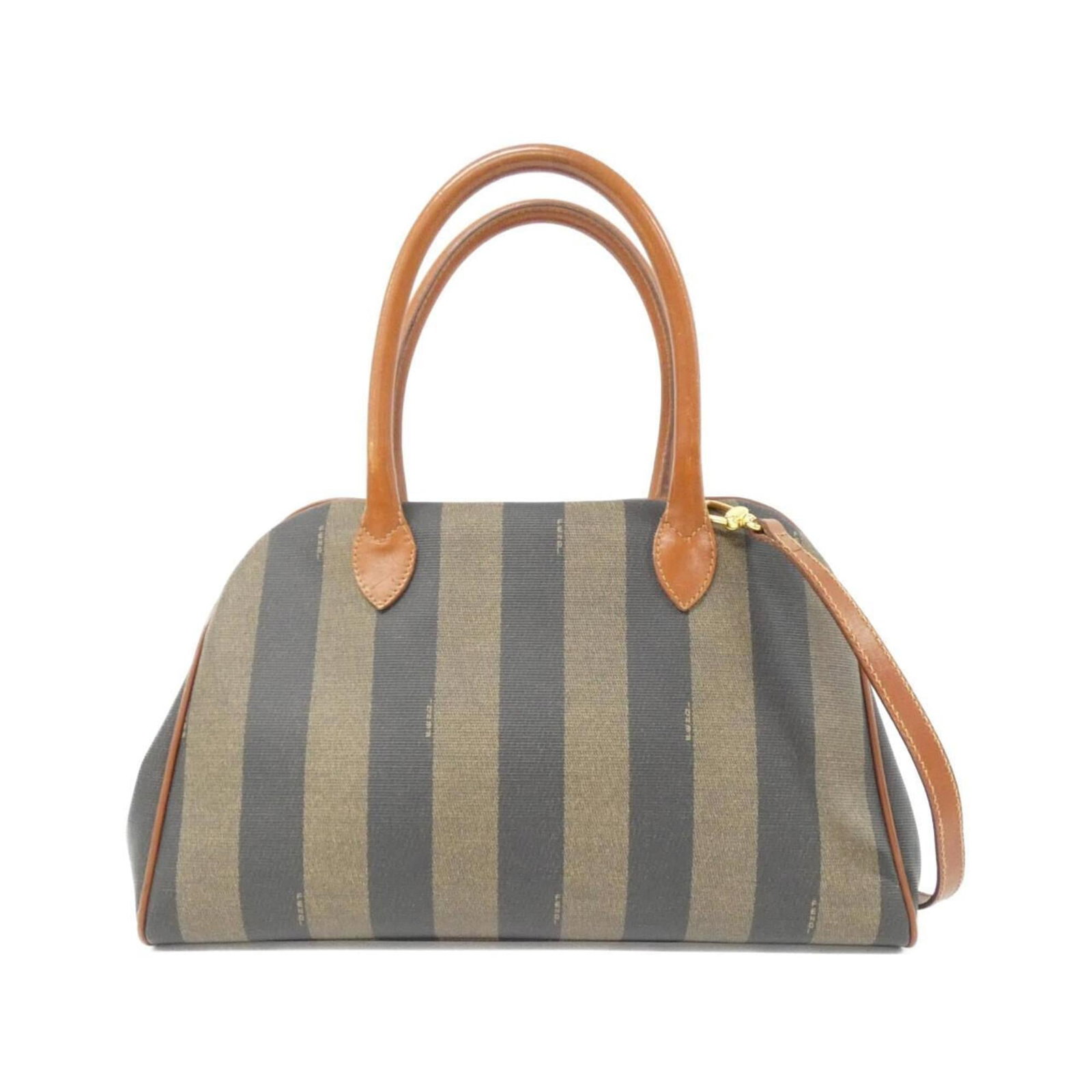 Canvas Handbag Coated by Fendi: Canvas Handbag Coated by Fendi Coated canvas from iconic Italian fashion house Fendi adorns this stylish handbag, boasting a rich brown hue and durable construction. With its compact size and