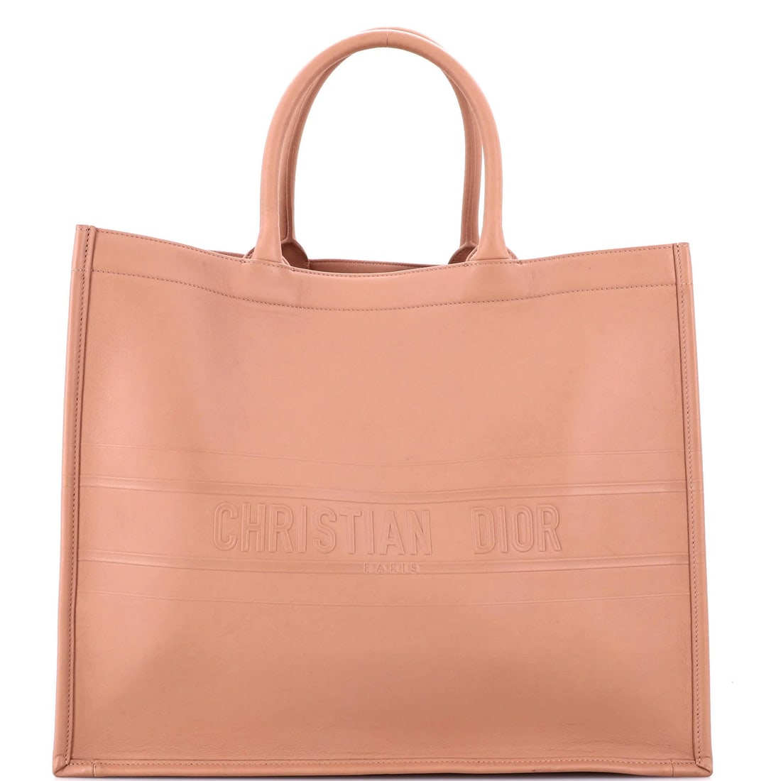 Christian Dior Book Embossed Leather Large Tote: Christian Dior Book Embossed Leather Large Tote Christian Dior Book Embossed Leather Large Tote features embossed leather exterior in neutral color, with measurements including handle drop of 7" and