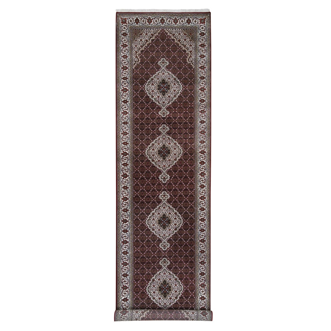 4'1"x16' Red Tebraz Mahi Wool and Silk Hand Knotted Wide XL Runner Rug: 4'1"x16' Red Tebraz Mahi Wool and Silk Hand Knotted Wide XL Runner Rug Hand-knotted in wool and silk, this vibrant red Oriental-style runner rug boasts an impressive 16' length and 49" width. Its uniq