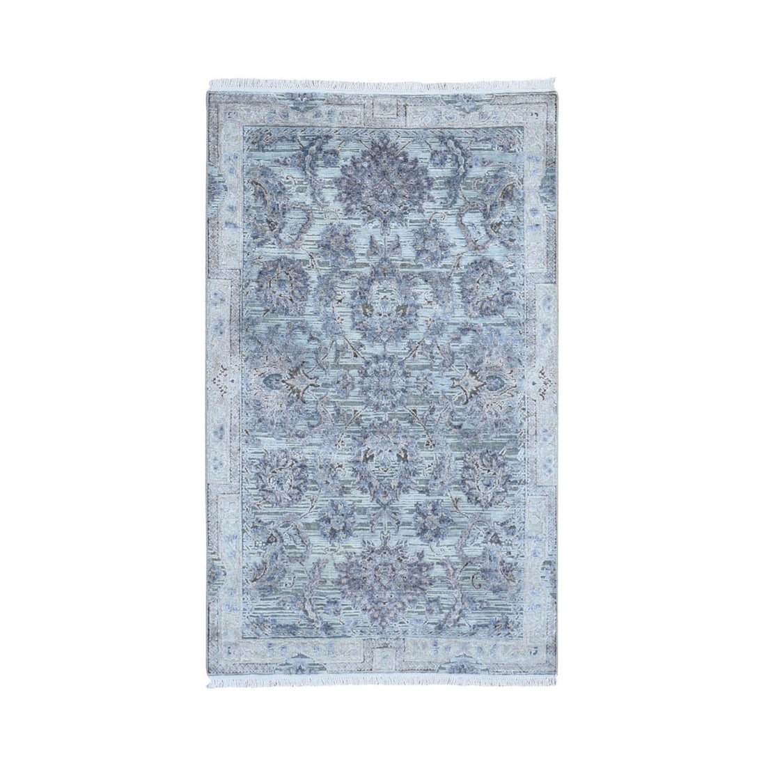 3'1"x5' Silk With Textured Wool Mughal Design Hand Knotted Rug: 3'1"x5' Silk With Textured Wool Mughal Design Hand Knotted Rug The 3'1"x5' Silk With Textured Wool Mughal Design Hand Knotted Rug boasts an intricate and timeless Oriental design, featuring a rich gre