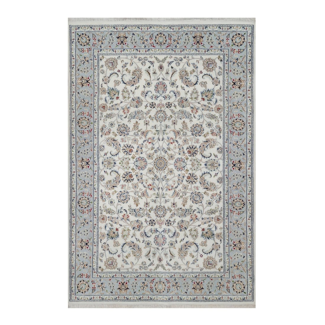 6'x9' Spring White Hand Knotted Nain with Flower Design Wool and Silk Rug: 6'x9' Spring White Hand Knotted Nain with Flower Design Wool and Silk Rug Hand-knotted with wool and silk, this stunning 6'x9' Spring White Nain rug boasts an intricate flower design in a subtle yet e