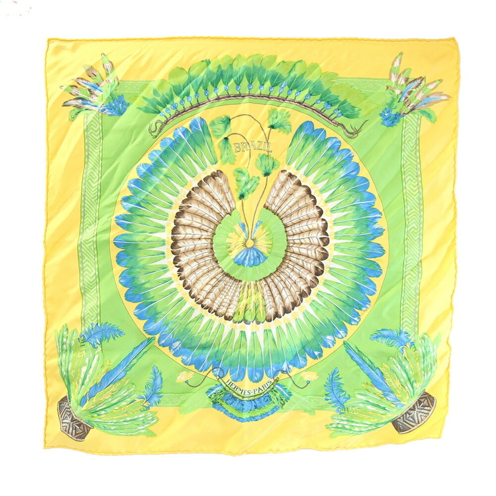 Hermes Scarf Silk 100%: Hermes Scarf Silk 100% Light Green and Yellow Silk Scarf by Hermes. This 100% silk scarf, measuring 41.5cm x 42cm, features a unique light green and yellow color combination. With traces of usage visi