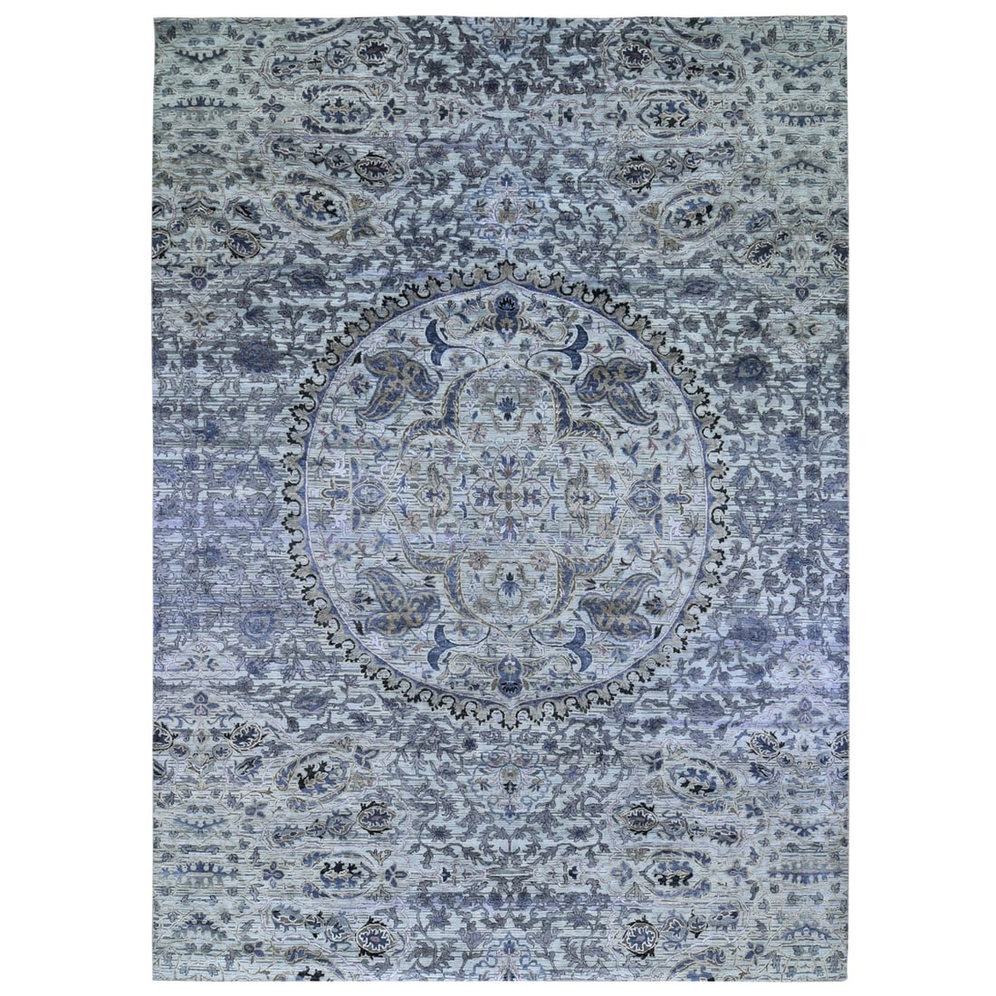 10'x14'2" THE MAHARAJA Pure Silk with Textured Wool Hand Knotted Rug: 10'x14'2" THE MAHARAJA Pure Silk with Textured Wool Hand Knotted Rug The MAHARAJA Pure Silk with Textured Wool Hand Knotted Rug boasts an impressive grey field with subtle texture, creating a modern