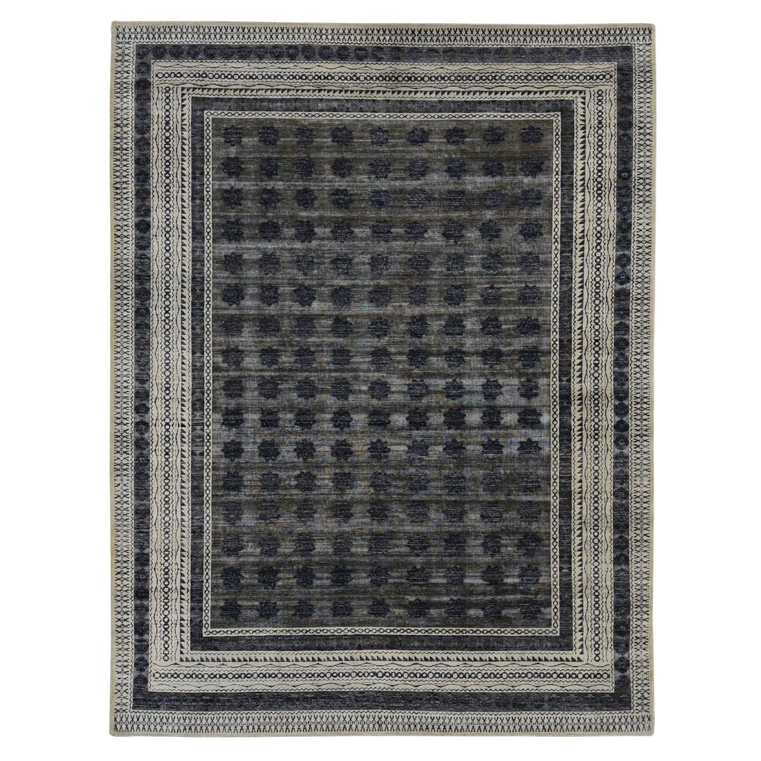 9'x12' Owl Gray Distressed Silk Repetitive Design Hand Knotted Rug: 9'x12' Owl Gray Distressed Silk Repetitive Design Hand Knotted Rug 9'x12' Owl Gray Distressed Silk Repetitive Design Hand Knotted Rug. This unique hand-knotted rug boasts a striking owl gray color