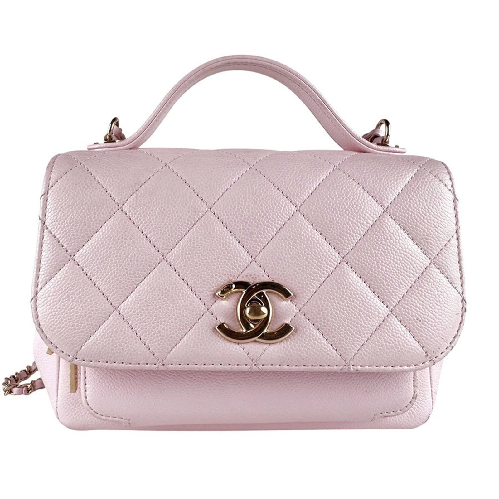 Calfskin Handbag Shoulder Bag Chanel: Calfskin Handbag Shoulder Bag Chanel Calfskin Handbag Shoulder Bag Chanel - A Timeless, Light Pink Classic. This used Chanel shoulder bag features grained calfskin and a light pink color, with traces