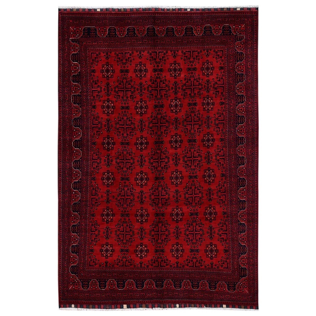 6'7"x9'9" Red Hand Knotted Afghan Andkhoy with Geometric Motif Wool Rug: 6'7"x9'9" Red Hand Knotted Afghan Andkhoy with Geometric Motif Wool Rug Red Hand Knotted Afghan Andkhoy with Geometric Motif Wool Rug measures 6'7" x 9'9" and features an all-over regional design in