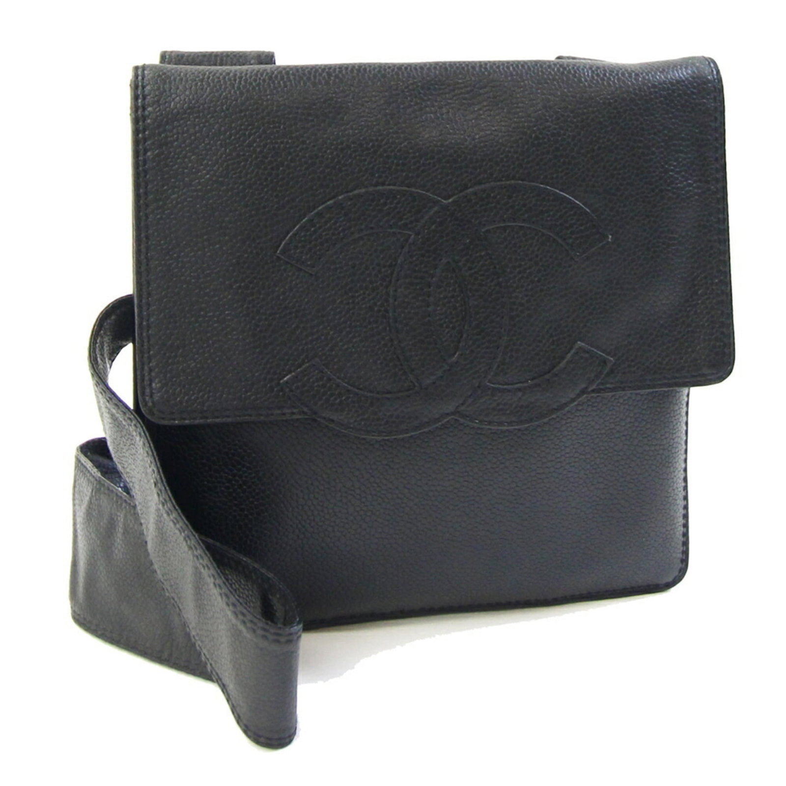 Calfskin shoulder bag by Chanel: Calfskin shoulder bag by Chanel Grained Calfskin shoulder bag by Chanel, featuring a classic design with a zipper pocket and adjustable strap. The black outer material shows signs of usage, with scrat