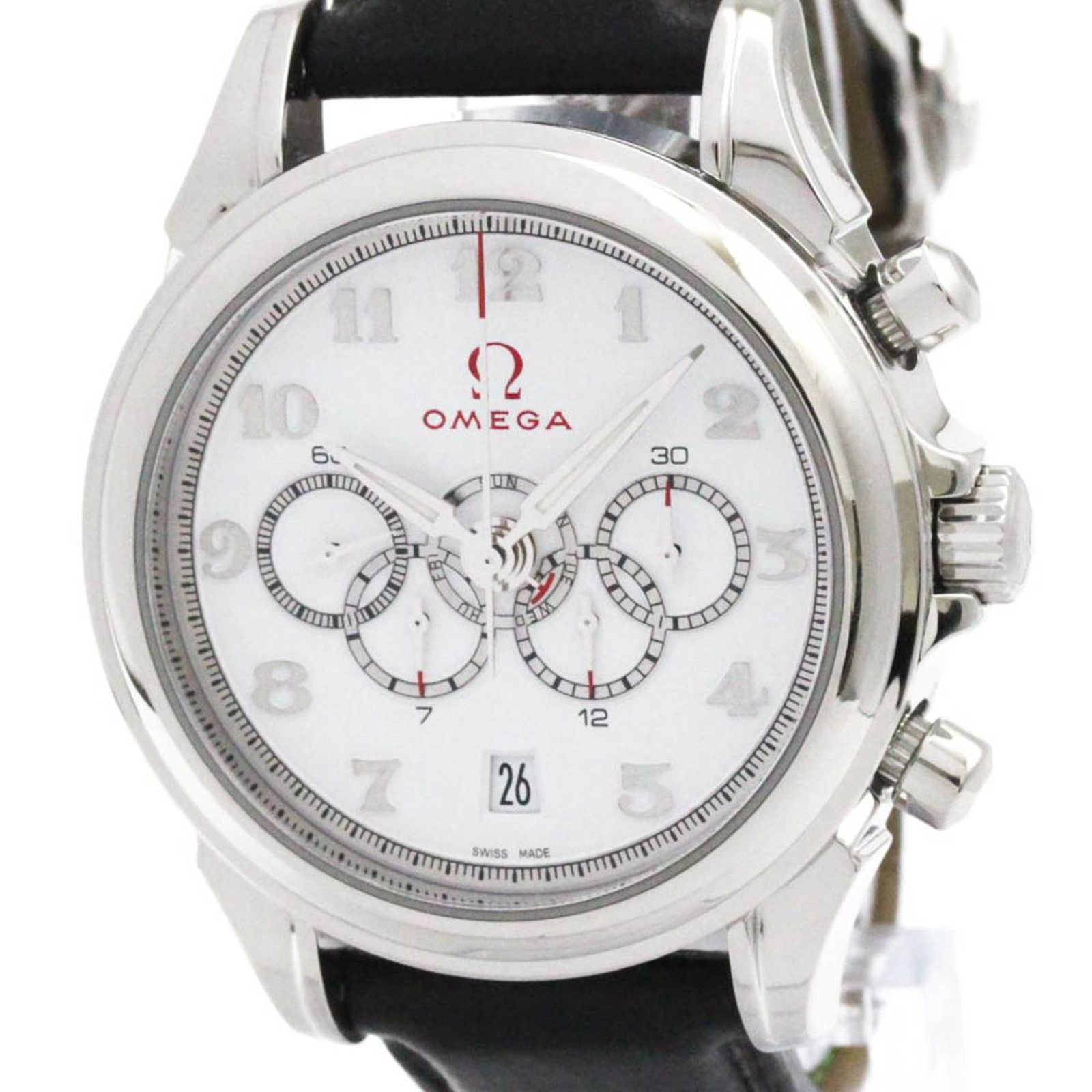 Omega Wristwatch: Omega Wristwatch Stainless steel case and leather band make for a durable and stylish combination, while the white dial provides a crisp contrast. This Omega wristwatch boasts a classic sport style wi