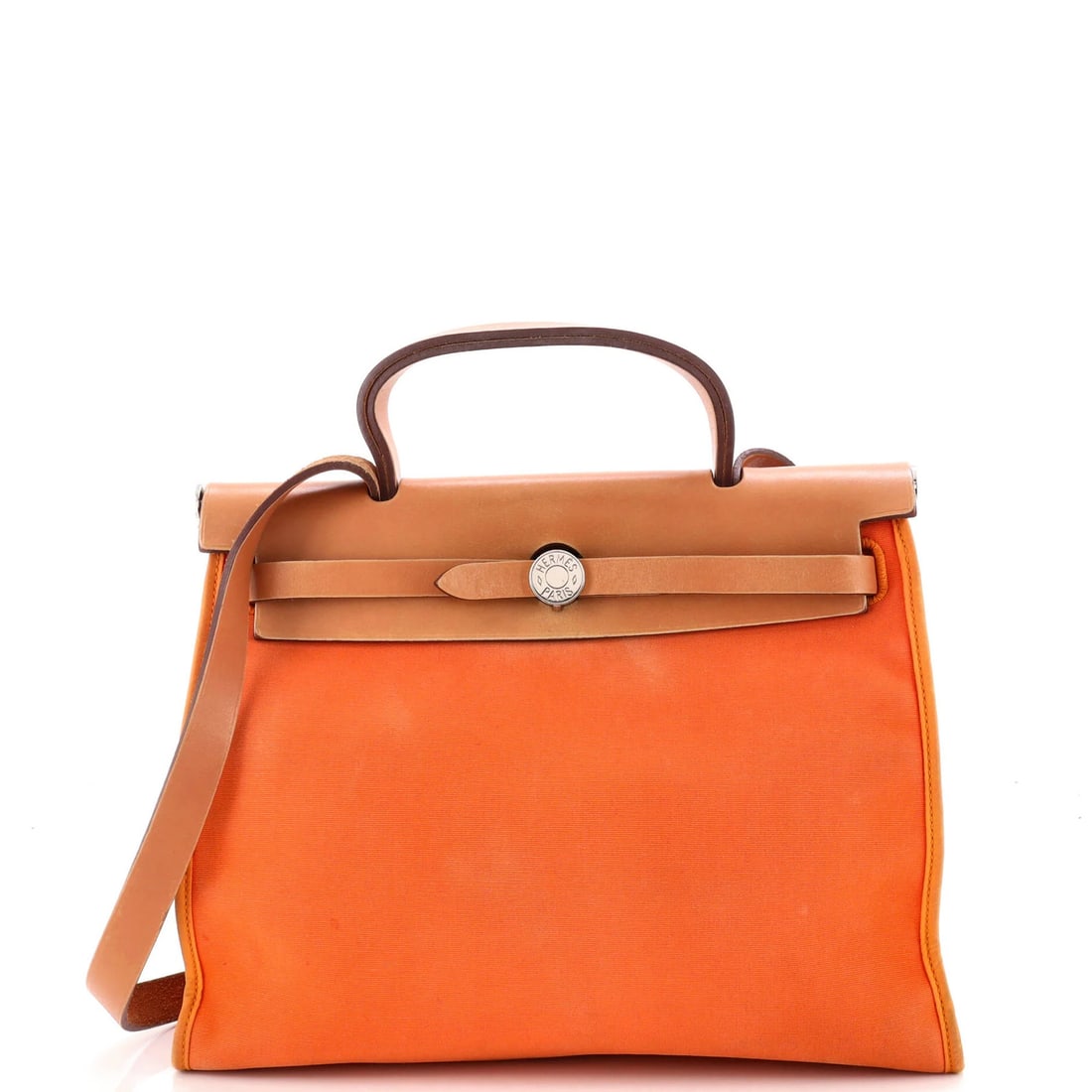 Herbag Hermes Toile Leather Zip 31: Herbag Hermes Toile Leather Zip 31 The Herbag Hermes Toile Leather Zip 31 features a vibrant orange exterior with heavy edge wear and discoloration, showcasing its unique patina. This shoulder bag