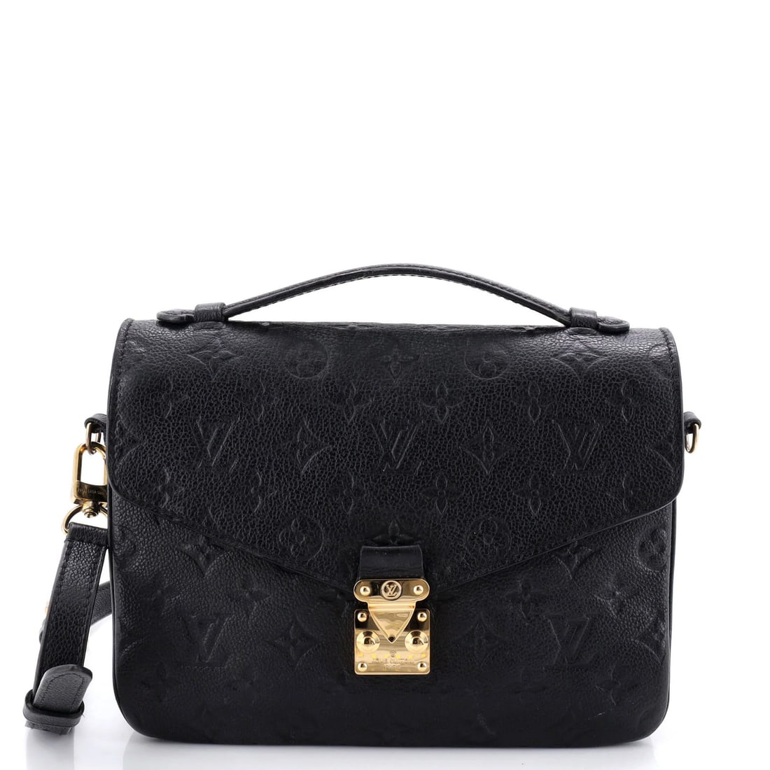 Louis Vuitton leather Empreinte Monogram Pochette: Louis Vuitton leather Empreinte Monogram Pochette Black Louis Vuitton leather Empreinte Monogram Pochette with gold hardware, featuring scuffs and edge wear on the exterior. This cross-body bag measur