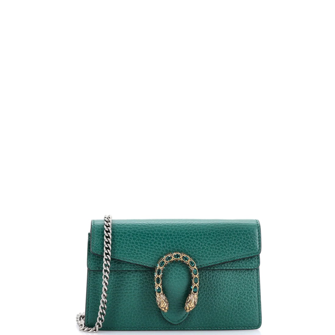 Super mini leather bag Gucci Dionysus: Super mini leather bag Gucci Dionysus Super mini leather bag from Gucci's iconic Dionysus collection, featuring a striking green exterior with crystal accents. Measuring just 4" in height and 6.5" in