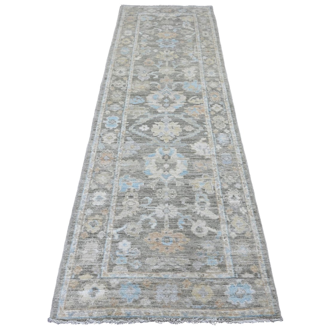 3'x9'8" Gray Hand Knotted Afghan Angora Oushak Leaf Motif Wool Runner Rug: 3'x9'8" Gray Hand Knotted Afghan Angora Oushak Leaf Motif Wool Runner Rug This stunning 3'0" x 9'8" Gray Hand Knotted Afghan Angora Oushak Leaf Motif Wool Runner Rug boasts a rich, intricate design fe