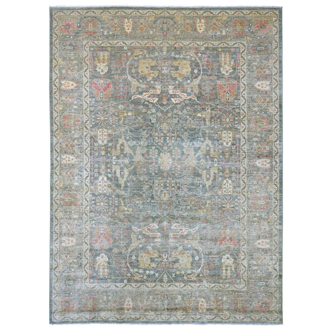 Pure Wool Rug by Hand Knotted in Bijar Garus Design 9'x12'2" Gray Peshawar: Pure Wool Rug by Hand Knotted in Bijar Garus Design 9'x12'2" Gray Peshawar Hand-knotted in traditional Bijar Garus design, this stunning pure wool rug boasts an all-over regional pattern in soothing g