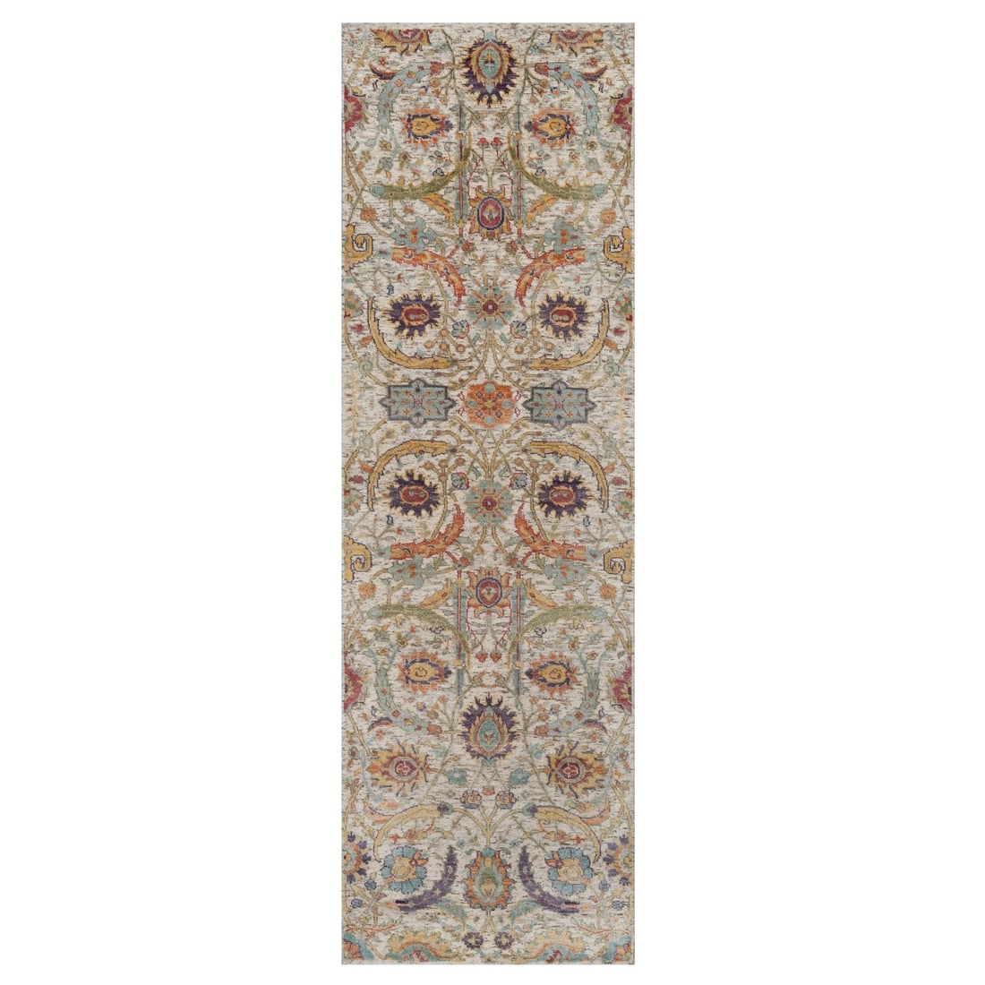 2'6"x8'2" White Hand Knotted Silk With Textured Wool Sickle Leaf Rug: 2'6"x8'2" White Hand Knotted Silk With Textured Wool Sickle Leaf Rug Hand-knotted silk and wool blend creates a unique textured look, while the ivory field and subtle border add a touch of elegance