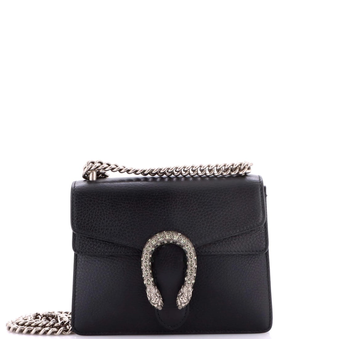 Mini leather bag Gucci Dionysus: Mini leather bag Gucci Dionysus Mini leather bag Gucci Dionysus in black exterior, featuring a classic cross body design with a neutral interior and aged silver hardware. The bag has minor cracking