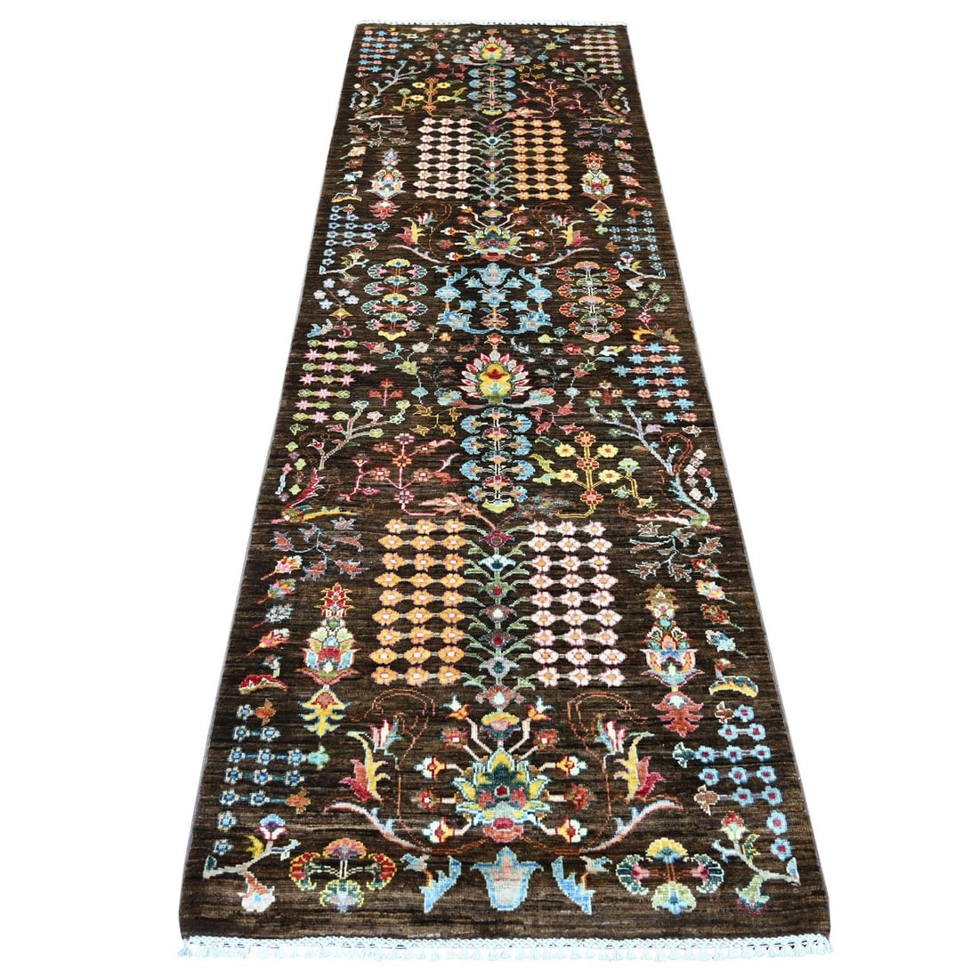2'8"x8'3" Brown Hand Knotted Sultani Floral Pattern Pure Wool Rug: 2'8"x8'3" Brown Hand Knotted Sultani Floral Pattern Pure Wool Rug Brown Hand Knotted Sultani Floral Pattern Pure Wool Rug measures 2'8"x8'3" and features an all-over regional design in a classic Afgha