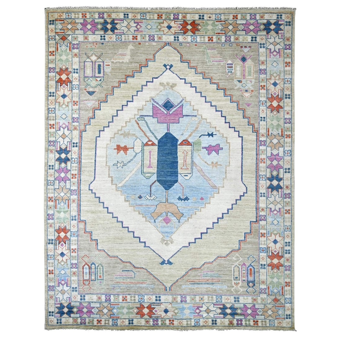 9'x11'6" Light Green Anatolian Village Design Hand Knotted Pure Wool Rug: 9'x11'6" Light Green Anatolian Village Design Hand Knotted Pure Wool Rug Light Green Anatolian Village Design Hand Knotted Pure Wool Rug features an impressive medallion pattern in shades of green, bl