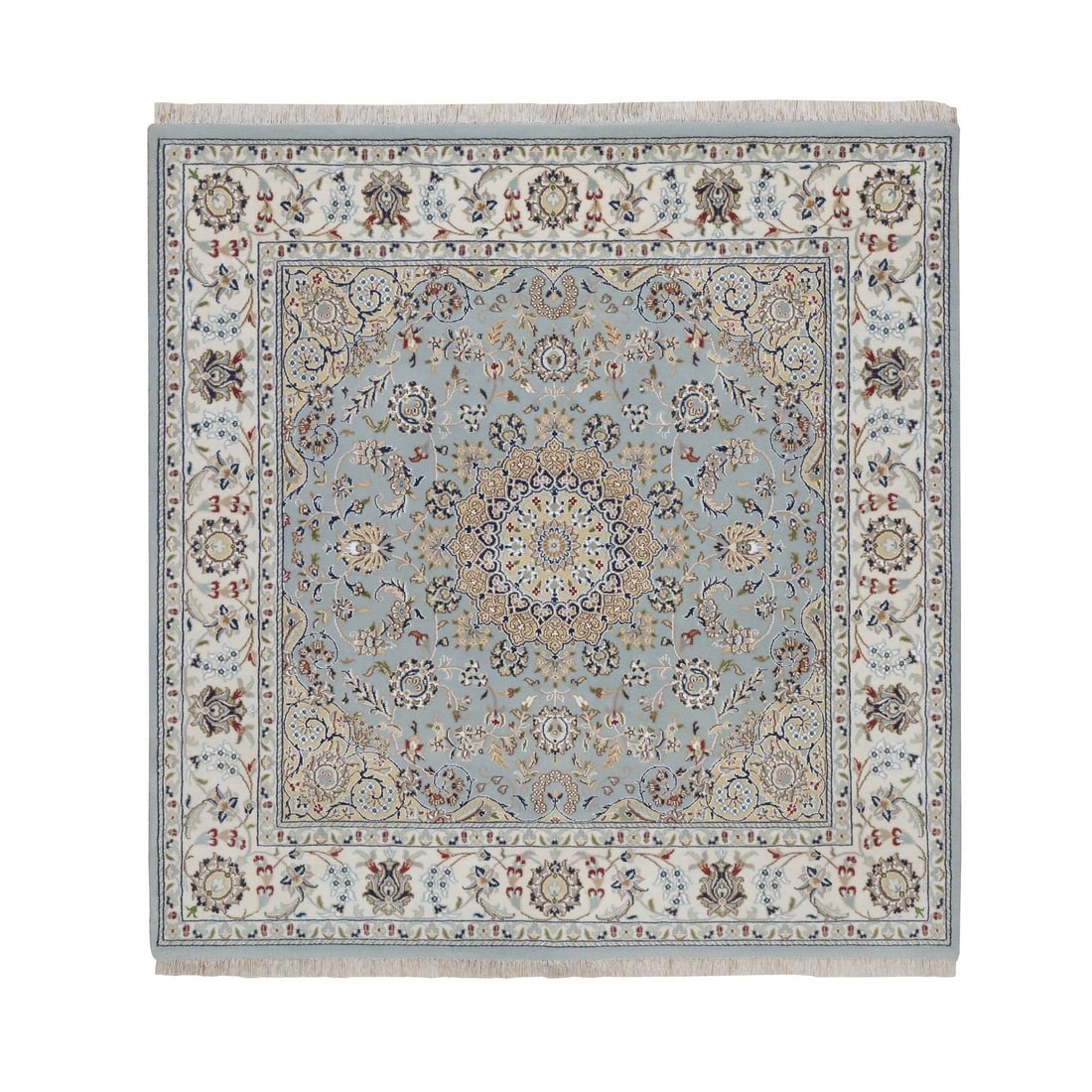 6'x6' Light Blue Nain with Medallion Design Hand Knotted Wool & Silk Square: 6'x6' Light Blue Nain with Medallion Design Hand Knotted Wool & Silk Square Light Blue Nain with Medallion Design Hand Knotted Wool & Silk Square features a stunning medallion pattern in a soft blue h
