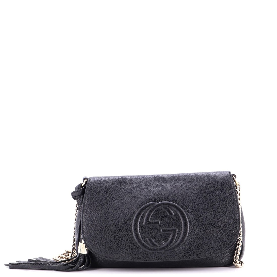 Chain Bag Leather Medium Gucci Soho Crossbody: Chain Bag Leather Medium Gucci Soho Crossbody Black leather medium Soho crossbody bag from Gucci, featuring a chain strap and gold tone hardware. The bag has minor scuffs and edge wear on the exterior