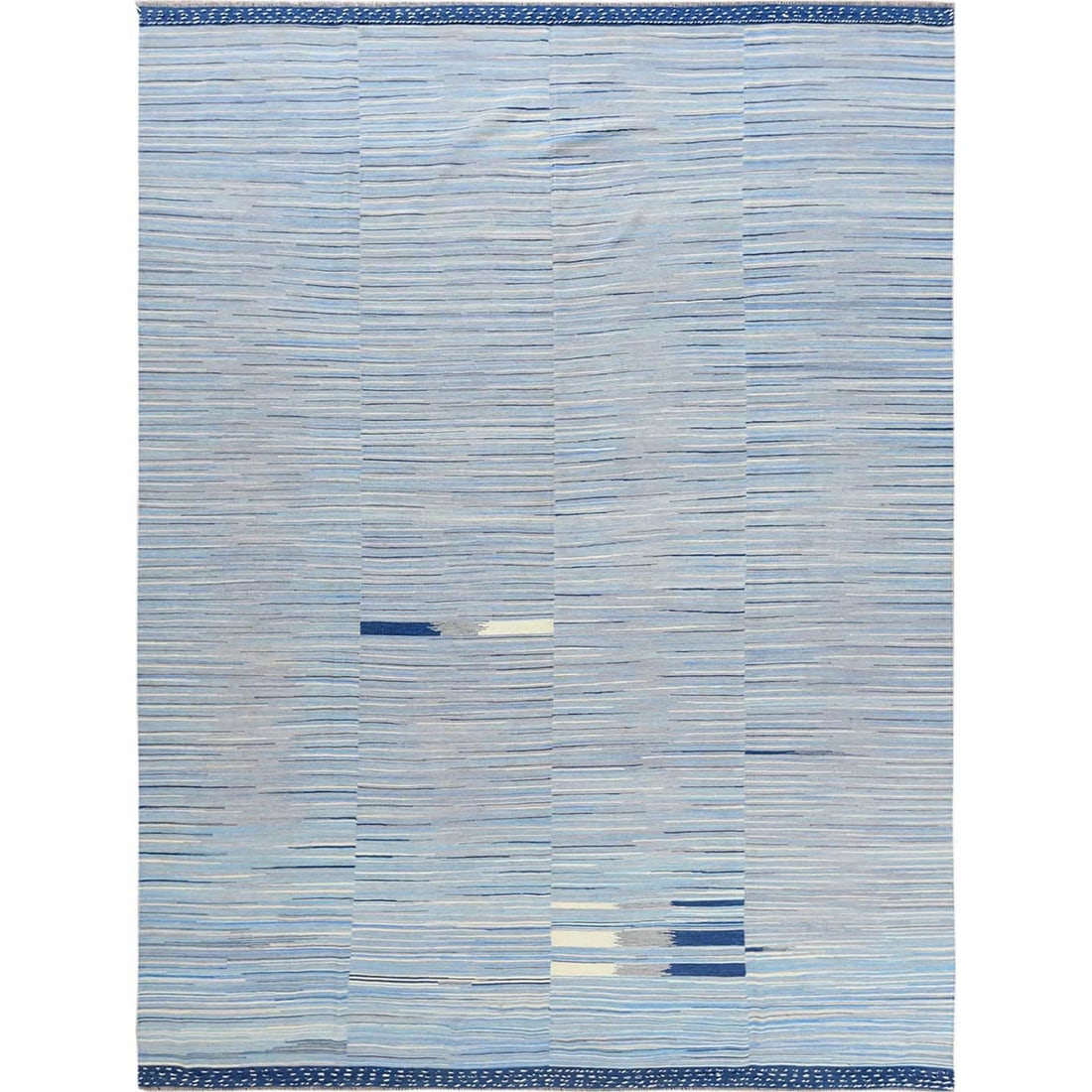 10'5"x13'10" Hand Woven Flat Weave Kilim Pure Nomadic Stripe Design Rug: 10'5"x13'10" Hand Woven Flat Weave Kilim Pure Nomadic Stripe Design Rug Hand-woven in Afghanistan, this stunning kilim rug boasts a vibrant blue and ivory gray striped design on a wool foundation. Mea