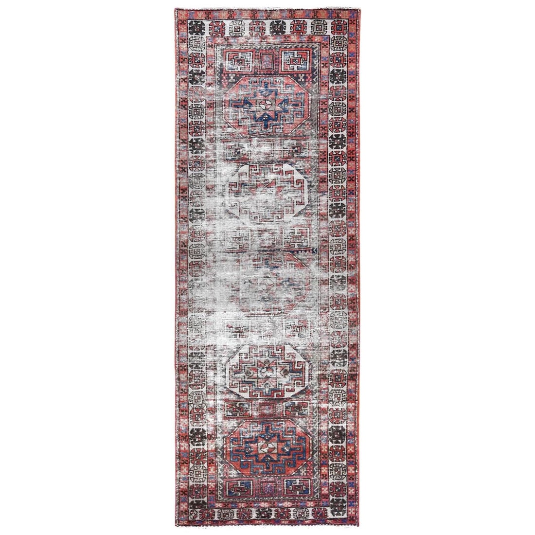 3'2"x9'5" Red Farsian Qashqairaz Distressed Wool Hand Knotted Runner Rug: 3'2"x9'5" Red Farsian Qashqairaz Distressed Wool Hand Knotted Runner Rug This stunning Red Farsian Qashqairaz Distressed Wool Hand Knotted Runner Rug boasts vibrant red hues and intricate patterns,
