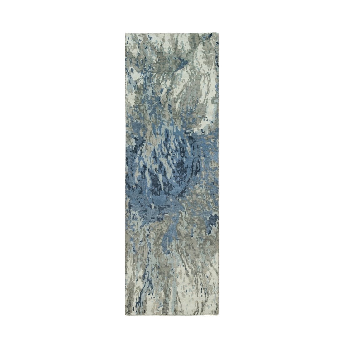 2'6"x8' Yonder Blue Galaxy Design Wool and Silk Hand Knotted Runner Rug: 2'6"x8' Yonder Blue Galaxy Design Wool and Silk Hand Knotted Runner Rug The Yonder Blue Galaxy Design Wool and Silk Hand Knotted Runner Rug boasts an abstract, blue-hued design woven from silk and woo