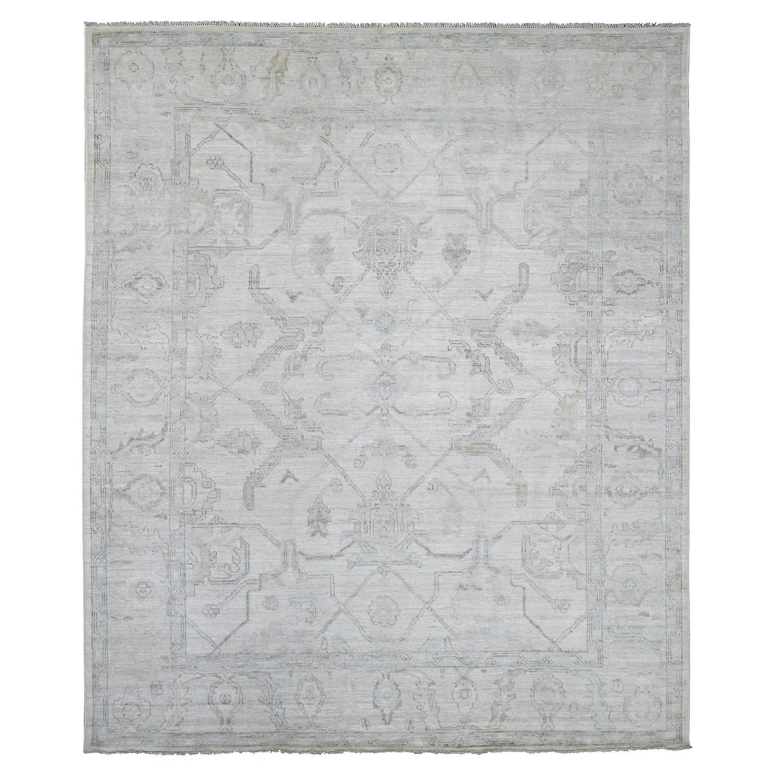 8'1"x9'9" Ivory Angora Oushak Vines Design Hand Knotted Wool Oriental Rug: 8'1"x9'9" Ivory Angora Oushak Vines Design Hand Knotted Wool Oriental Rug This stunning Ivory Angora Oushak Vines Design Hand Knotted Wool Oriental Rug boasts a beautiful floral pattern in ivory and s