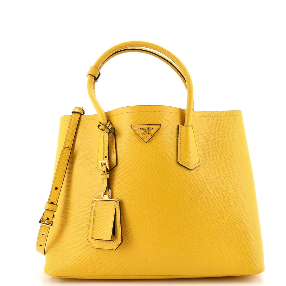 Cuir leather medium double tote by Prada: Cuir leather medium double tote by Prada Yellow Cuir leather medium double tote by Prada, featuring Saffiano leather construction and gold hardware. This stylish bag boasts a classic design with a med