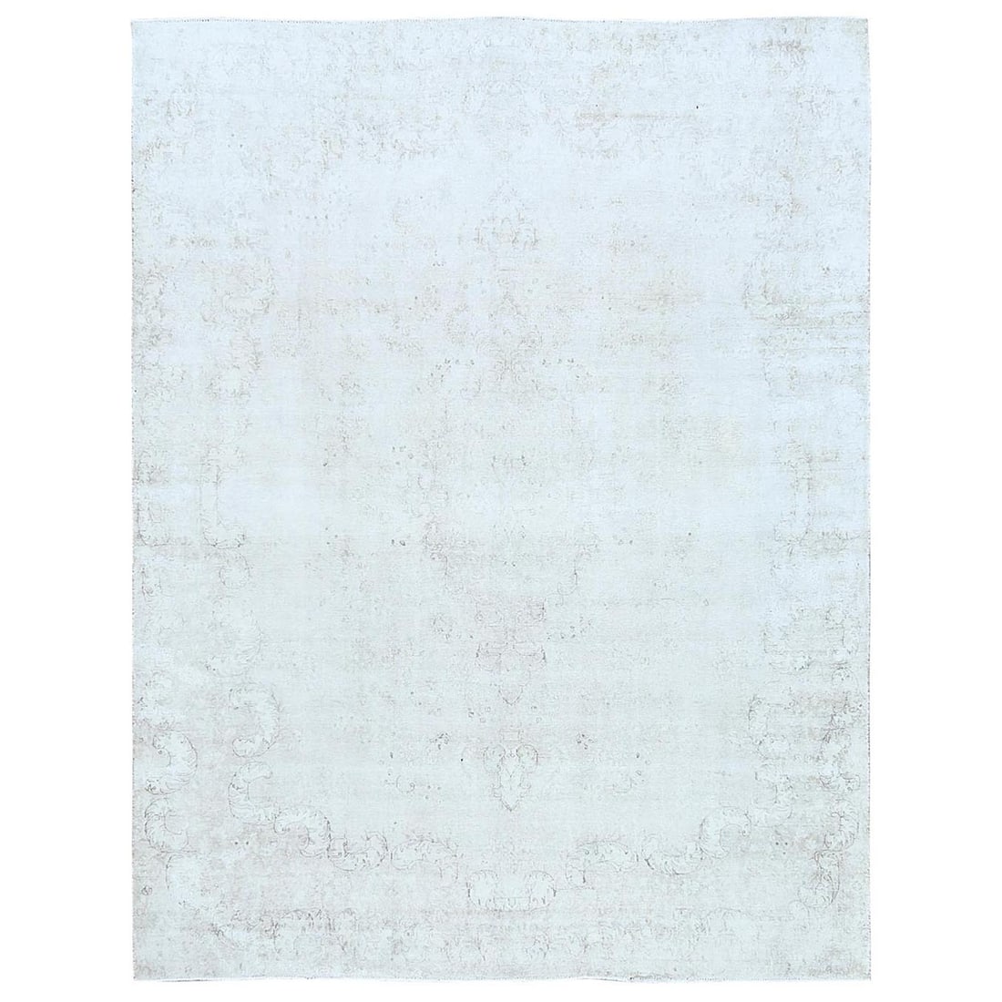 9'8"x12'5" Ivory Hand Knotted Worn Wool Distressed Vintage Farsian Rug: 9'8"x12'5" Ivory Hand Knotted Worn Wool Distressed Vintage Farsian Rug Unique and vintage, this 9'8"x12'5" Farsian hand-knotted wool rug boasts an ivory color with a worn, distressed look that adds to