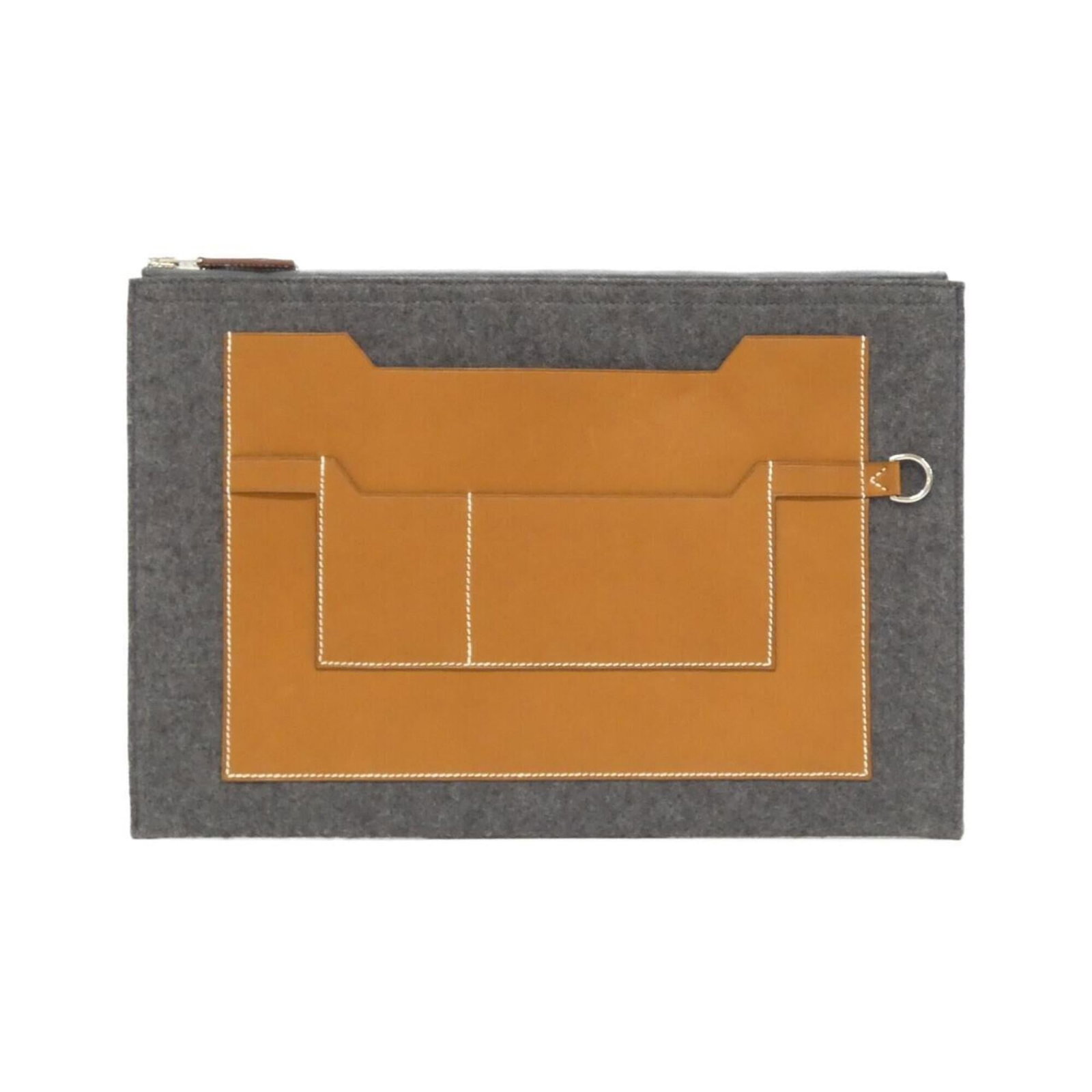 Barenia felt leather handbag: Barenia felt leather handbag Felt leather handbag in Fauve and Gray hues, featuring Barenia leather construction. Made with a classic design and silver hardware, this versatile bag measures 25cm x 37c