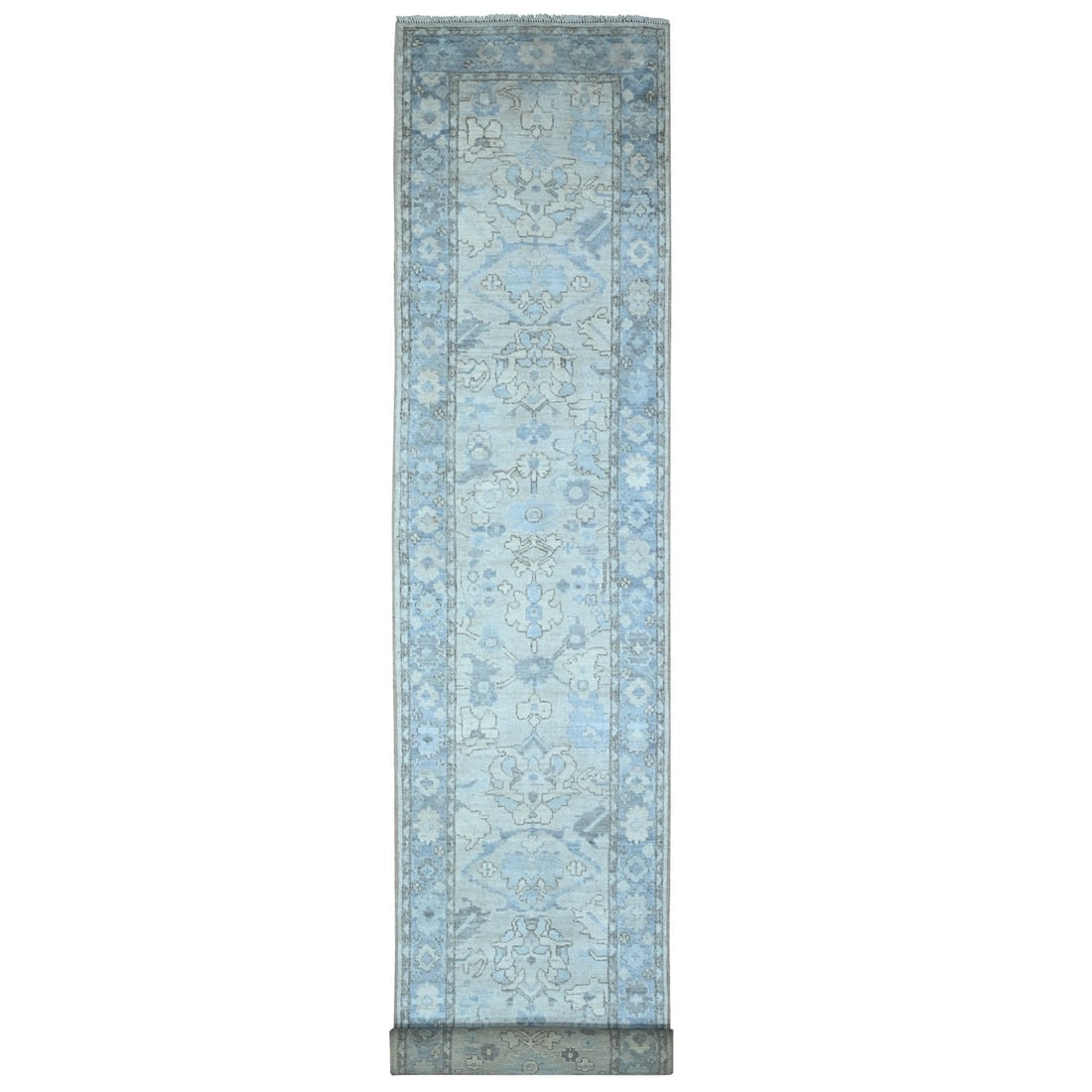 3'x19'5" Blue Afghan Wool Weft Angora Oushak XL Runner Oriental Rug: 3'x19'5" Blue Afghan Wool Weft Angora Oushak XL Runner Oriental Rug Blue Afghan Wool Weft Angora Oushak XL Runner Oriental Rug boasts a stunning blue field with intricate regional design, expertly han