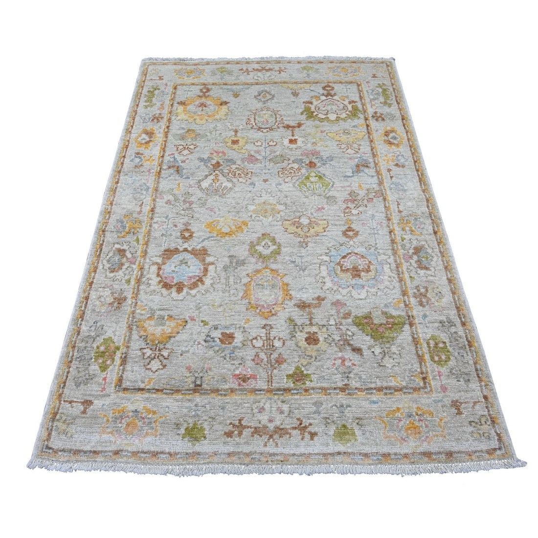 4'x6' Spanish Gray Angora Oushak Leaf Design Hand Knotted Pure Wool Rug (1 of 6)
