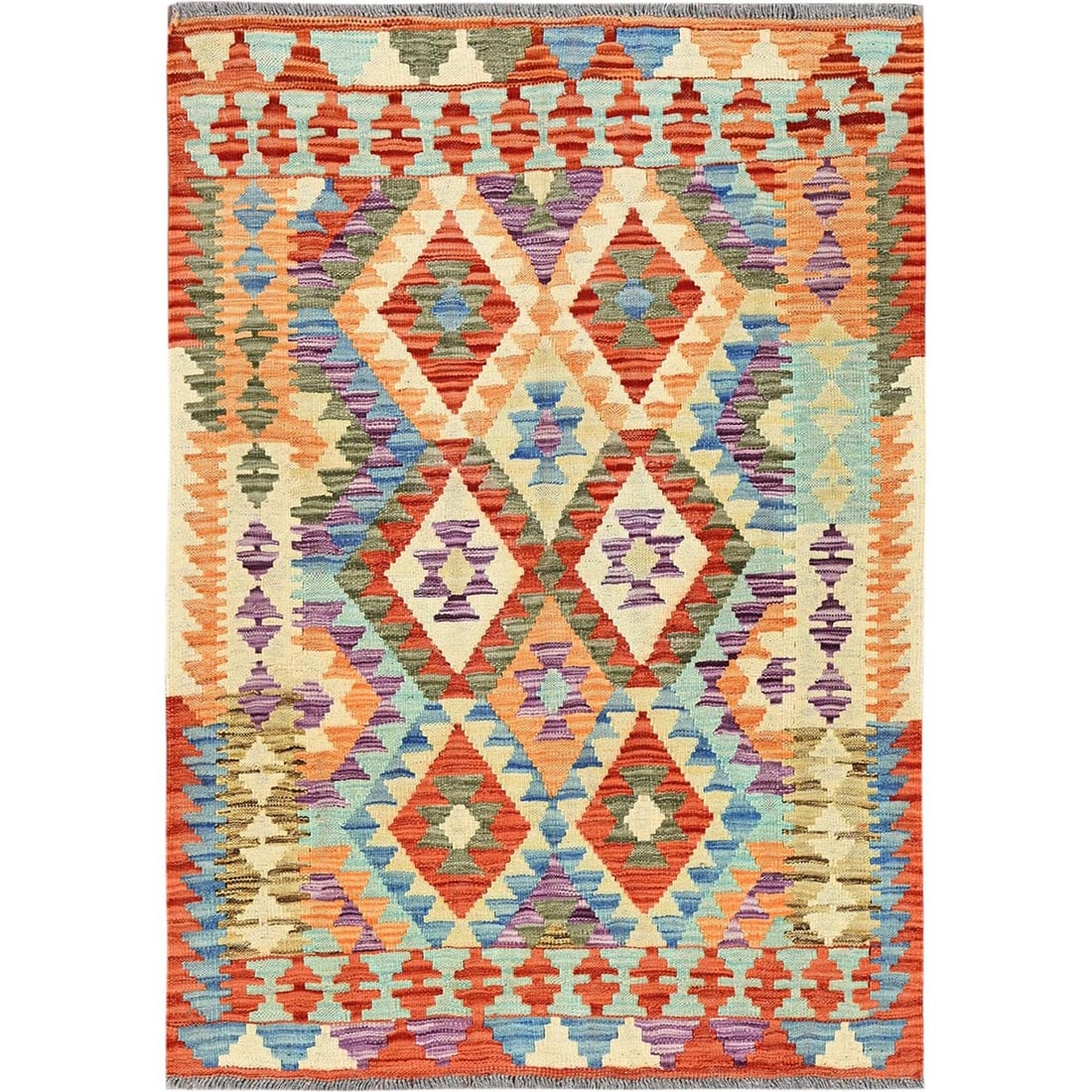 3'5"x4'10" Vivid Orange Flat Weave Afghan Kilim Pure Wool Hand Woven Rug (1 of 6)