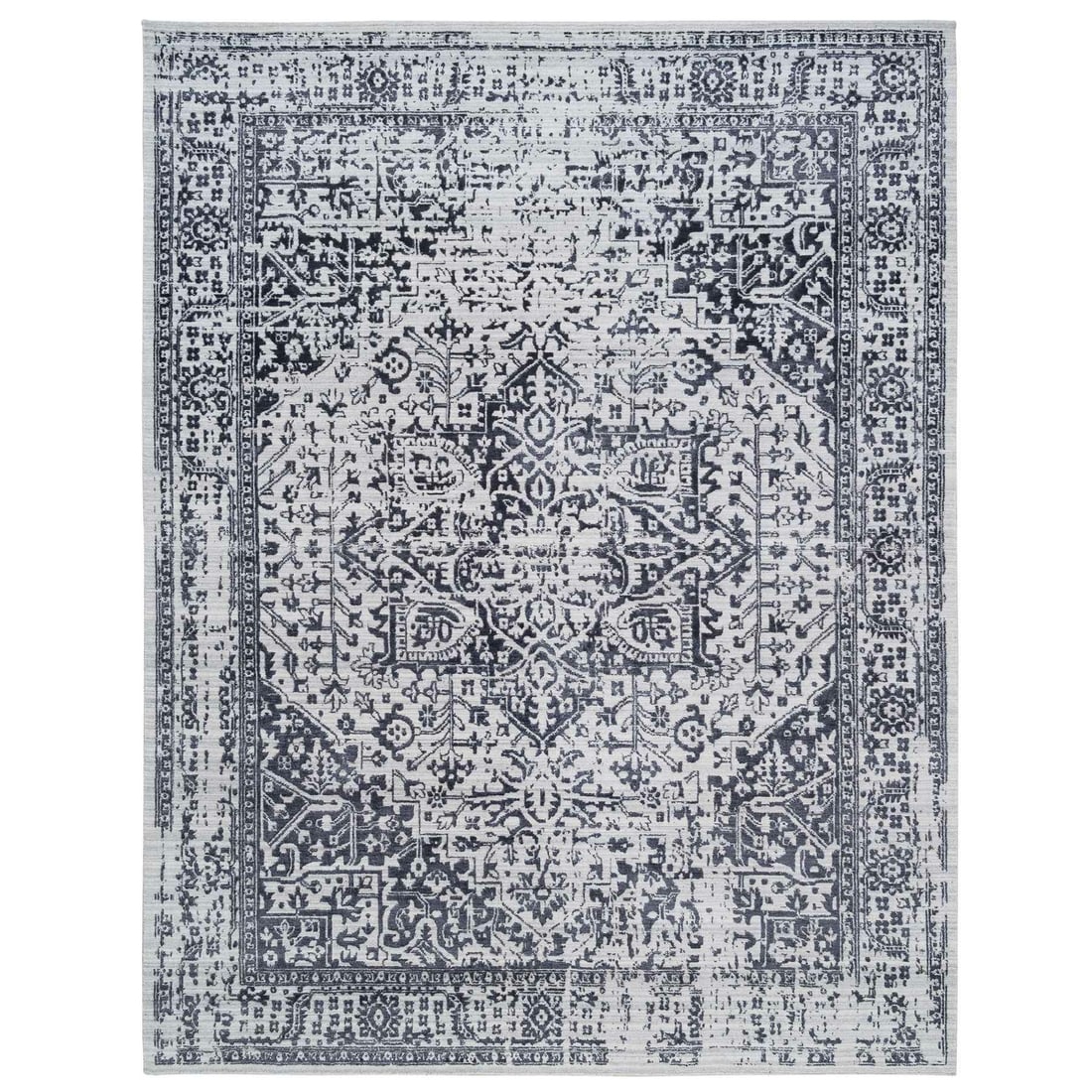 9'x11'10" Black Serapi Heris Design Wool and Silk Hand Loomed Rug: 9'x11'10" Black Serapi Heris Design Wool and Silk Hand Loomed Rug The Black Serapi Heris Design Wool and Silk Hand Loomed Rug boasts an elegant, rectangular field with a striking black color. This 9'0